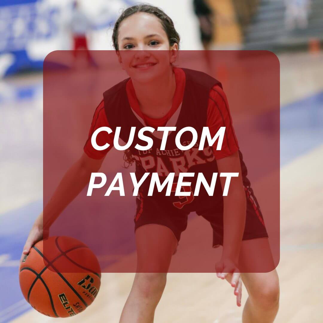 Young girl dribbling basketball indoors promoting youth sports program and custom payment options.