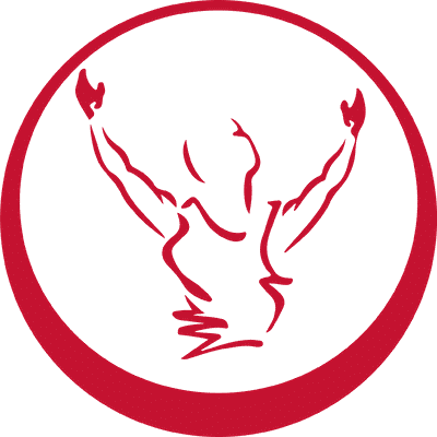 Charles Kim 2 Red muscular victory figure symbolizing strength, achievement, fitness, and empowerment within a circular frame.